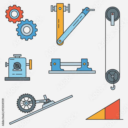 A collection of colorful line art icons representing simple machines and physics principles like levers, pulleys, and gears