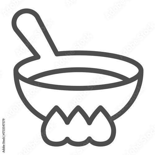 Frying pan on fire, gas line icon, cooking concept. Vector graphics. Kitchen pan sign on white background, outline style icon for mobile or web design.