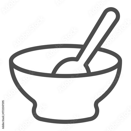 Ceramic plate with spoon inside line icon, cooking concept. Vector graphics. Food sign on white background, outline style icon for mobile or web design.