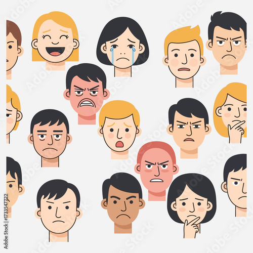 Diverse collection of animated human faces illustrating a spectrum of emotional expressions from joy and sadness to anger and confusion, presented in a clean flat design style