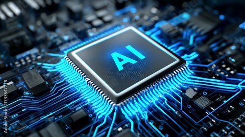 A close-up view of a modern AI microchip embedded in a circuit board, showcasing intricate details and vibrant blue lighting, representing advancements in artificial intelligence t