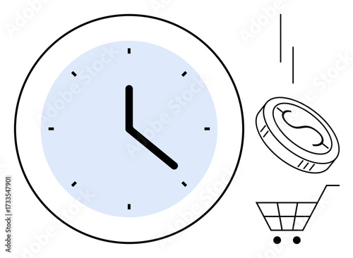 Minimalist clock, falling coin, and shopping cart emphasize time management, savings, and consumer behavior. Ideal for finance, efficiency, e-commerce, budgeting productivity investment simple
