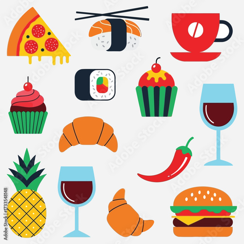 Delicious Food and Drink Collection Pizza, Sushi, Wine, Cupcakes, and More in Colorful Illustrations