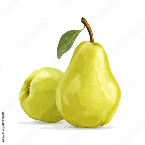 A fresh pear with vibrant green color, next to another one in artistic style, showcasing the beauty of natural foods