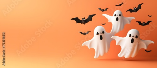 Happy Halloween. Ghosts and bats on a plain background, copy space.