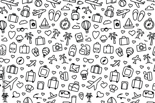 Travel and Tourism Doodle Pattern: An inviting doodle pattern of various travel elements such as airplane, luggage, camera, and compasses on a bright backdrop. Evoking wanderlust.