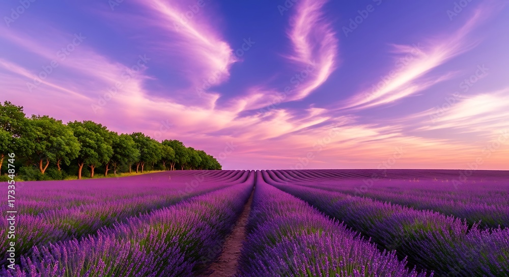 Obraz premium Vast lavender field stretching towards the horizon under a dramatic purple and pink sunset sky with wispy clouds vacation background