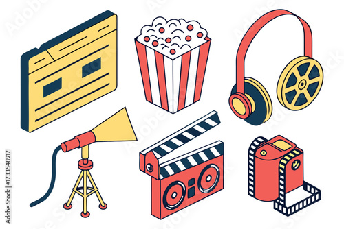 Cinema and Media Elements Icon Set – Popcorn, Tickets, Clapperboard, Headphones, Camera – Isolated Render Pack.