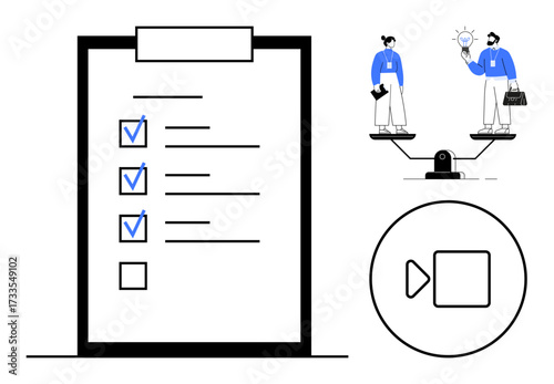 Checklist with ticked tasks, people balancing ideas and innovation, and play button for execution. Ideal for productivity, prioritization, organization, teamwork, leadership, planning simple flat