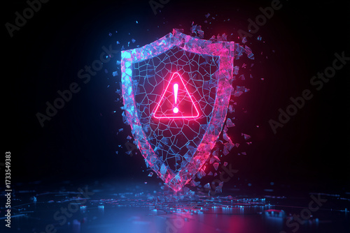 Cyber threat concept with a glowing digital shield breaking apart, alert sign inside. Symbol of system breach, firewall failure, security vulnerability. Represents hacking risk, critical cyber attack