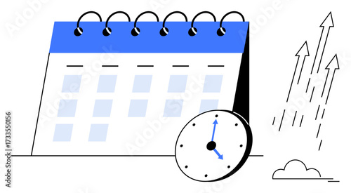 Spiral calendar, clock, and upward arrows signifying productivity, scheduling, goal tracking. Ideal for planning, prioritization, business growth, deadlines organization efficiency simple flat