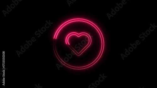 Animated neon heart in circle glowing on black background symbolizing love and connection