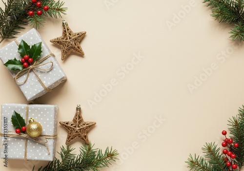 Presents and star ornaments arranged with Christmas decor on beige background