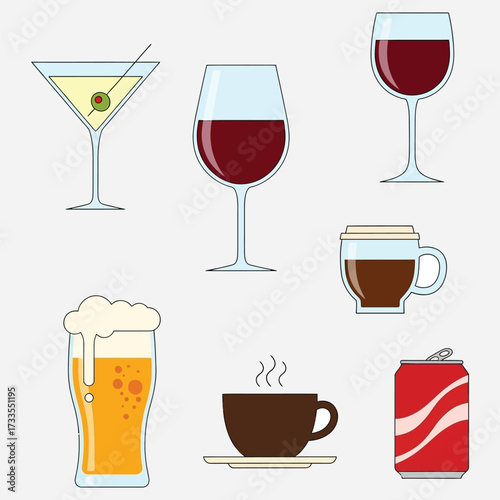 Assortment of alcoholic and non-alcoholic beverages isolated on a clean, neutral background