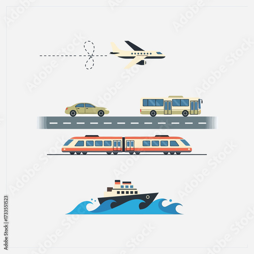 Various Modes of Transportation Depicted Airplane, Car, Bus, Train, and Ship on a White Background