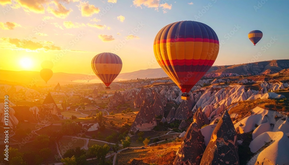 Obraz premium Colorful hot air balloons fly over the Cappadocia Turkey landscape in a stunning summer adventure