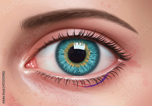 Detailed Illustration of a Human Eye with Blue and Gold Iris and Long Lashes.
