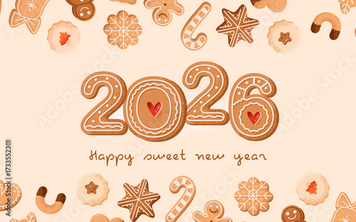 Festive flat vector banner with gingerbread cookies and snowflakes. Perfect Christmas and New Year 2026 design for web, social media and holiday promotions.