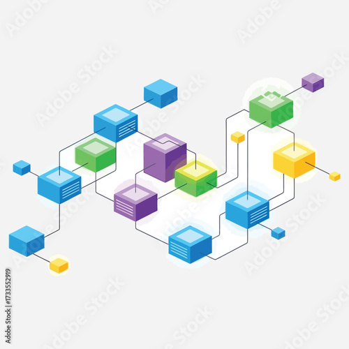 Abstract illustration of a connected network of colorful digital blocks representing data flow and technology