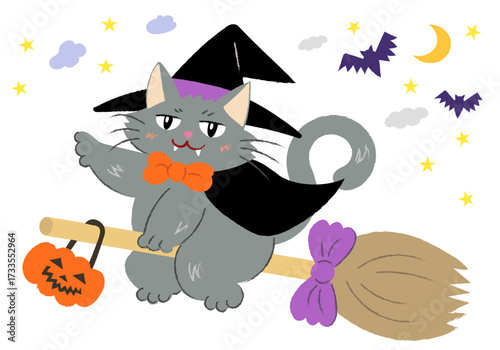 ハロウィンの仮装をして夜空を飛ぶ黒猫　