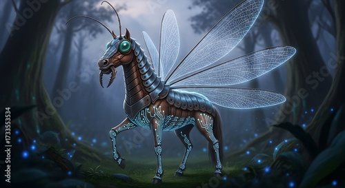 Enigmatic biomechanical creature, a winged horse-fly hybrid, wanders through a luminous nocturnal forest