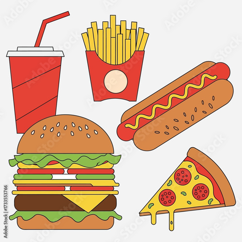 Fast Food Feast Delicious Burger, Fries, Pizza and Hotdog Vector