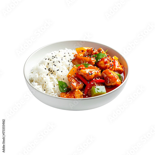 Chinese sweet and sour chicken with rice, clean plating, white background