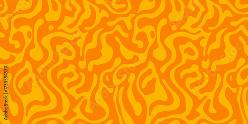 Vibrant abstract liquid pattern in fiery orange and warm yellow hues, resembling a retro lava lamp effect or swirling psychedelic flow, ideal for backgrounds and creative designs