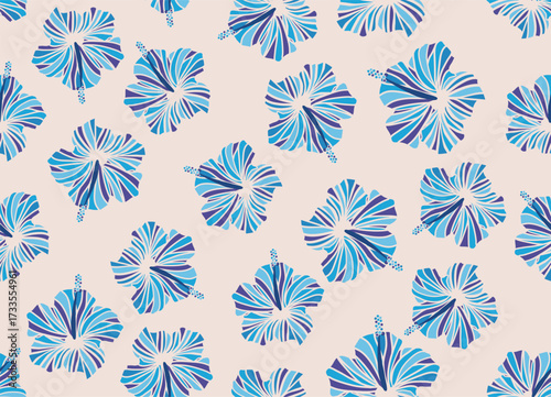 Seamless hibiscus illustration pattern, Botanical pattern, light blue, background image of southern country and hawaii and tropical image | apparel, textile