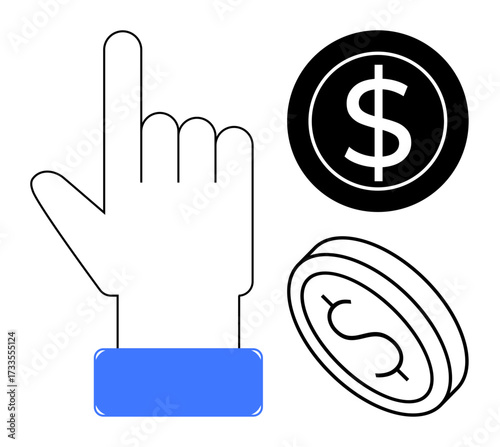 Hand gesture with upward finger, dollar coin, and symbol communicating currency, earning, savings, and choices. Ideal for finance, economy, budgeting investments online banking growth simple flat