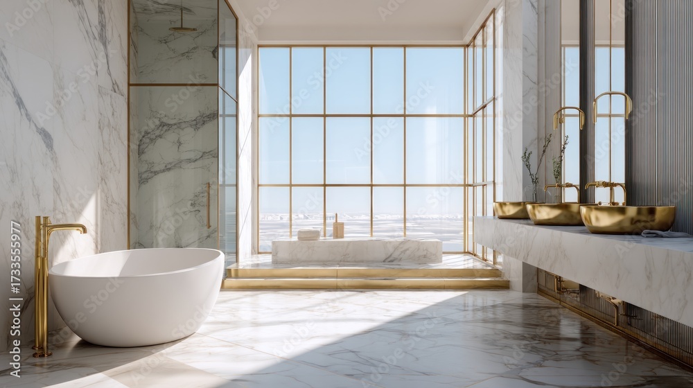 Fototapeta premium Luxury bathroom featuring marble, gold accents, large window, and sleek design