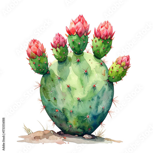 Watercolor Prickly Pear Blossom Watercolor PNG: A vibrant watercolor painting depicts a prickly pear cactus adorned with budding pink flowers, set against a clean white background.