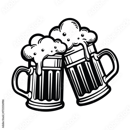 Two frothy beer mugs clinking together in a toast celebration