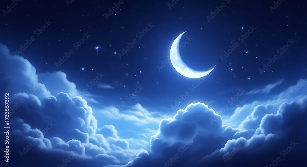 Fototapeta premium A dreamy and fantastical skyscape featuring a luminous crescent moon amidst soft, glowing clouds and a starry blue night sky