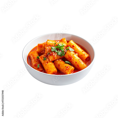 Korean tteokbokki spicy rice cakes in bowl, steam rising