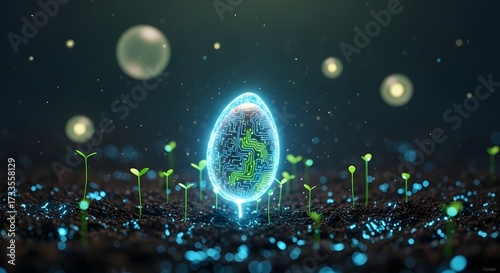 Glowing digital circuit egg surrounded by small plant seedlings in the soil. Concept of biotechnology, genetic engineering, and the origin of life supported by future technology and science