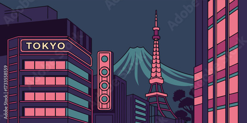 Vector artwork of Tokyo city at night, glowing neon signs on tall buildings, Tokyo Tower visible, with Mount Fuji in the background, cyberpunk inspired color scheme with pink, blue, and purple tones, 