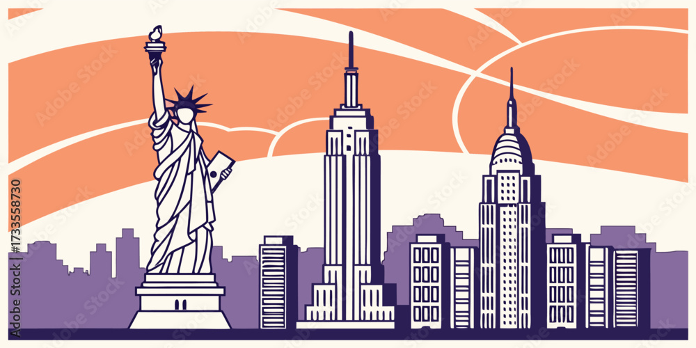 Fototapeta premium Minimalist flat vector illustration of New York City skyline at sunset, including Statue of Liberty, Empire State Building, and modern skyscrapers, clean shapes, vibrant gradient sky, designed for pos