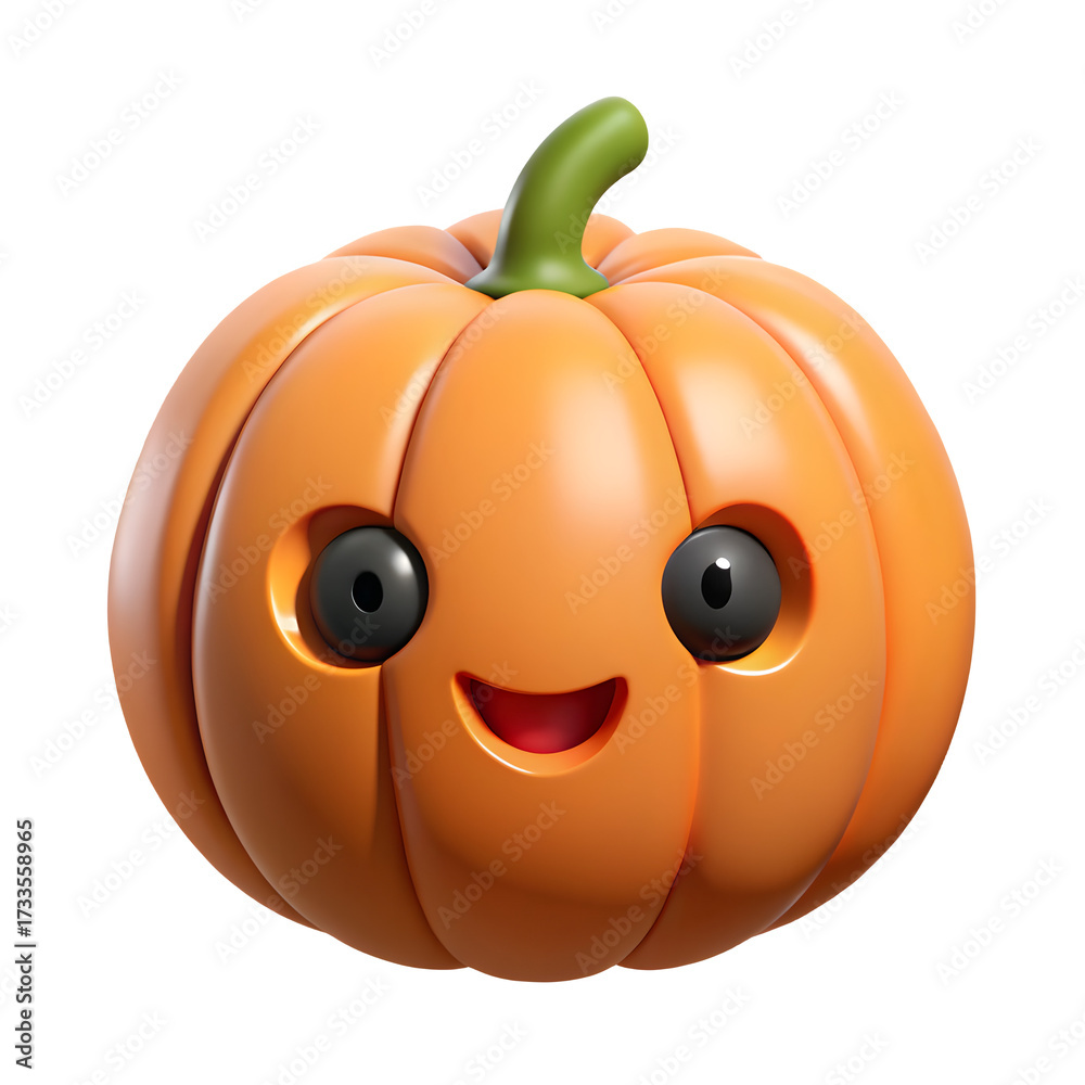 Fototapeta premium Cute cartoon halloween pumpkin character with a happy face and green stem isolated on transparent background