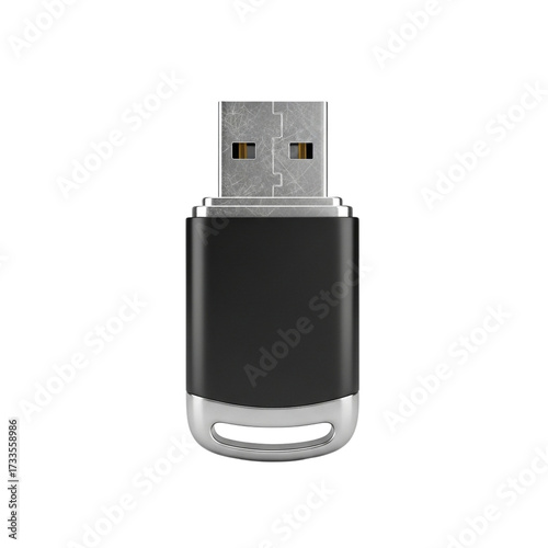 Black usb flash drive with silver accents isolated on transparent background