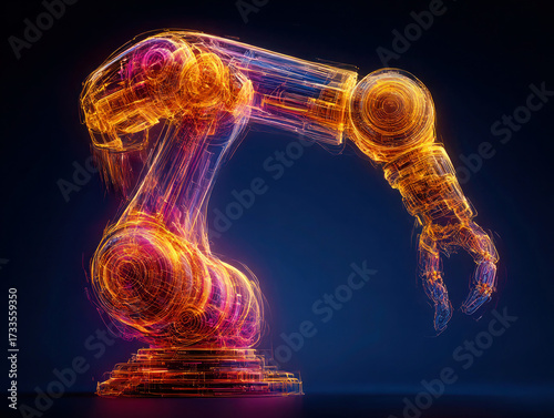 Futuristic mechanical arm, rendered as line, illustrating the concept of smart factories, with neon lights representing efficiency and advanced technology.