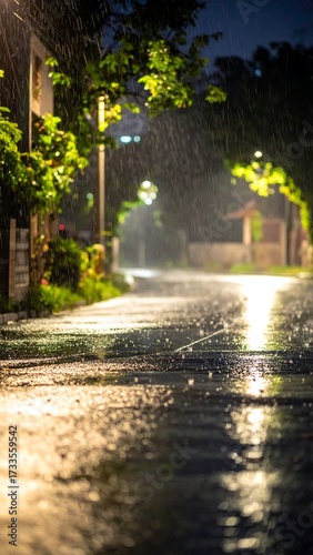 Rain-soaked street at night