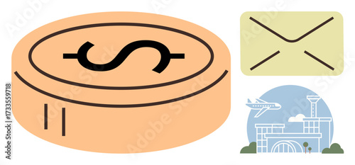 Large coin with dollar sign, envelope, and airplane flying over an airport. Ideal for finance, communication, travel, commerce, logistics global trade business. Simple flat metaphor