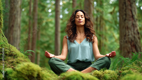 Fototapeta Naklejka Na Ścianę i Meble -  Woman meditating in lotus pose in green forest surrounded by moss. Ayurveda practice, peaceful yoga in nature, mindfulness and spiritual wellness, breathing exercise outdoors, zen harmony.