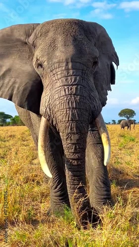 African Elephant with Long Tusks on Safari Road