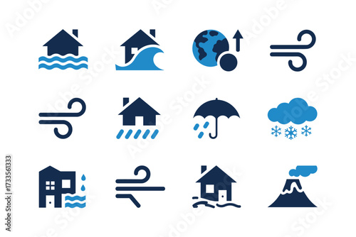 Natural Disaster and Climate Icon Set – Black Vector Collection of 12 Symbols for Floods, Storms, and Environmental Awareness