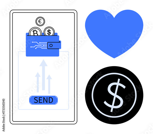 Wallet sending euro, bitcoin, dollar coins on smartphone. Heart symbolizes trust. Dollar icon conveys financial focus. Ideal for fintech, payment apps, e-commerce, donations transactions security