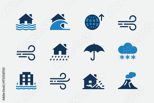 Natural Disaster and Climate Icon Set – Black Vector Collection of 12 Symbols for Floods, Storms, and Environmental Awareness