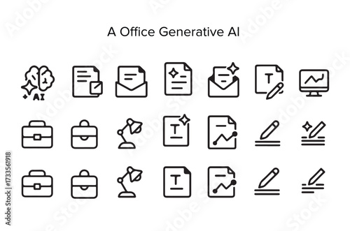 Office Generative AI: A comprehensive set of clean, modern icons depicting key elements of an AI-driven office environment, signifying innovation and efficiency.