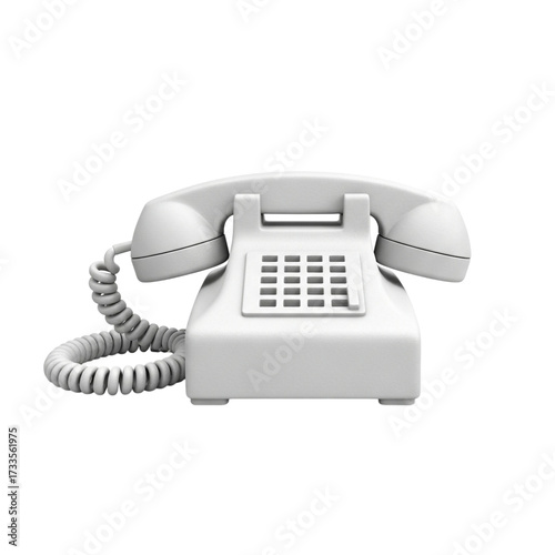 A classic white rotary dial telephone with a coiled cord and keypad isolated on transparent background